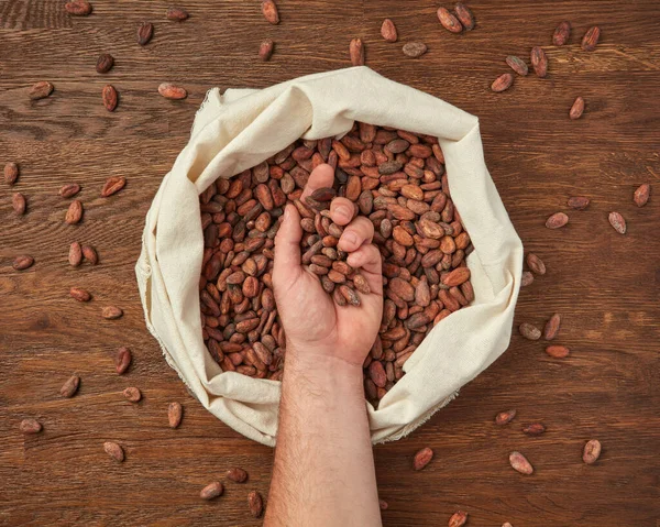 Вид Зверху Чоловічої Руки Врожаю Беручи Жменьку Неочищених Бобів Какао — стокове фото