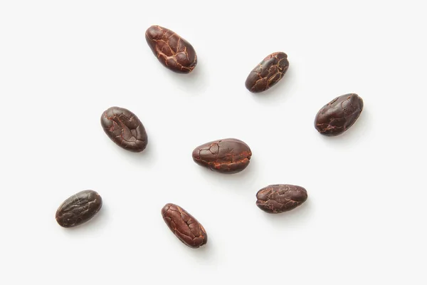 Haut Petite Pile Éparpillée Haricots Biologiques Cacao Theobroma Sur Fond — Photo