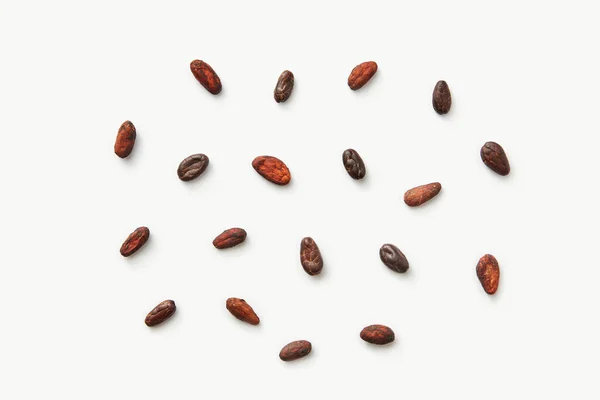 Сверху Куча Разбросанных Очищенных Ароматических Какао Бобов Теобромского Какао Белом — стоковое фото