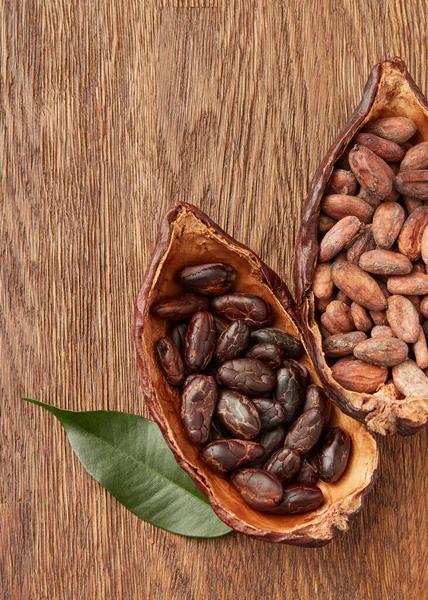 Vista Superior Las Vainas Cacao Llenas Granos Cacao Crudos Sin — Foto de Stock