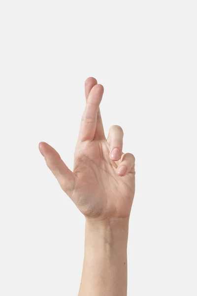 Γυναικεία Νοηματική Γλώσσα Διέσχισε Δείκτη Και Μεσαία Δάχτυλα Απομονώνονται Λευκό — Φωτογραφία Αρχείου