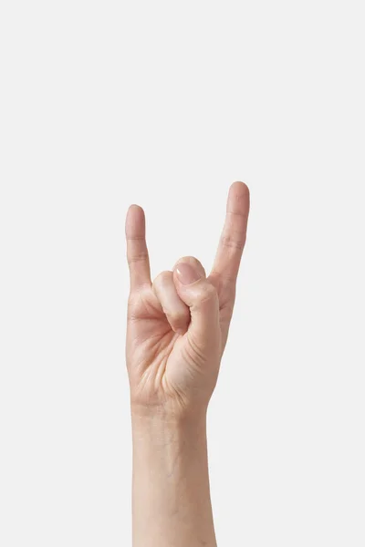 Kadın Bilek Beyaz Arka Planda Kaya Işareti Gösteriyor Şaret Dili — Stok fotoğraf