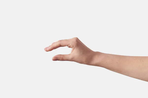 Open Fingers Invisible Item Measuring Female Hand Gesturing Sign Isolated — Stock Photo, Image