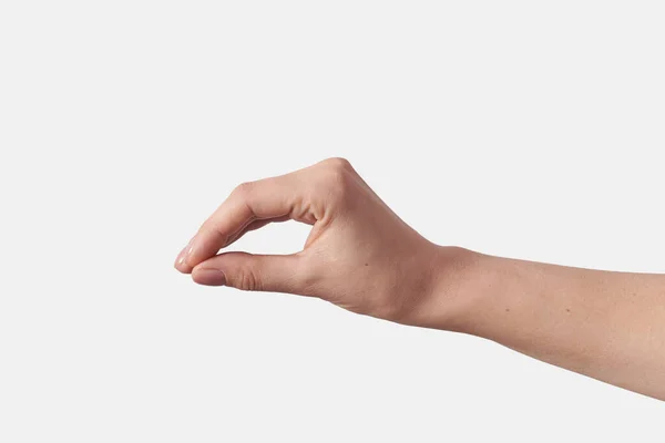 女性の手のジェスチャーを測定する目に見えない項目 白い背景に隔離されたサイン 異なる位置のセット — ストック写真
