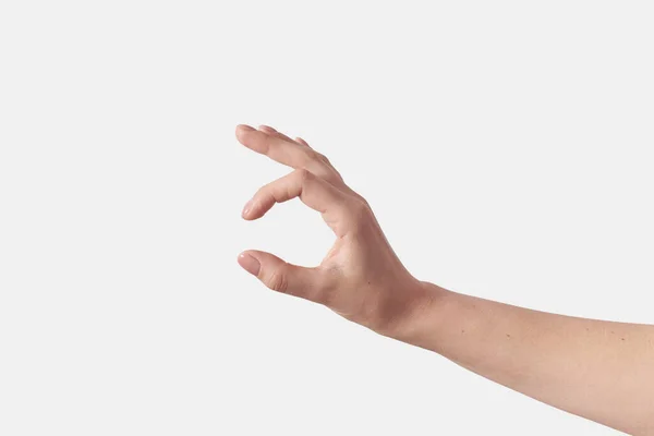 Female Hand Invisible Item Measuring Gesturing Middle Girth Sign Isolated — Stock Photo, Image