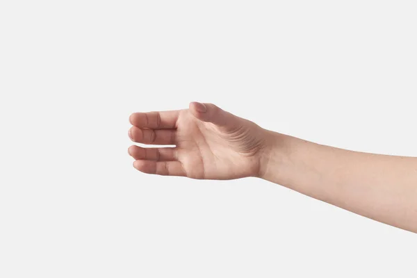 Onzichtbaar Object Vrouwelijke Hand Half Wijd Open Dicht Palm Gebaren — Stockfoto