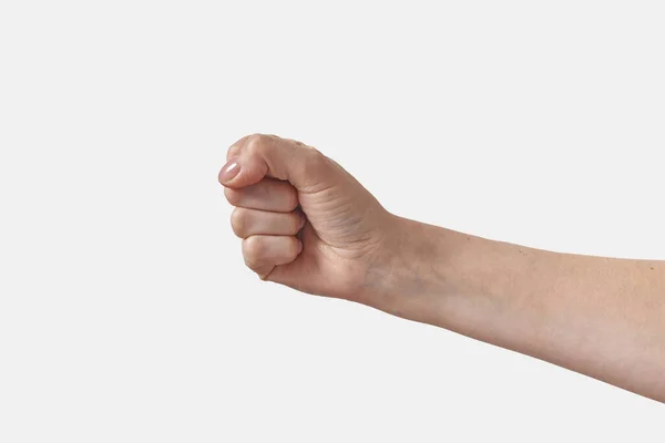 Högt Hålla Något Fäst Knytnäve Kvinnlig Hand Med Fin Manikyr — Stockfoto