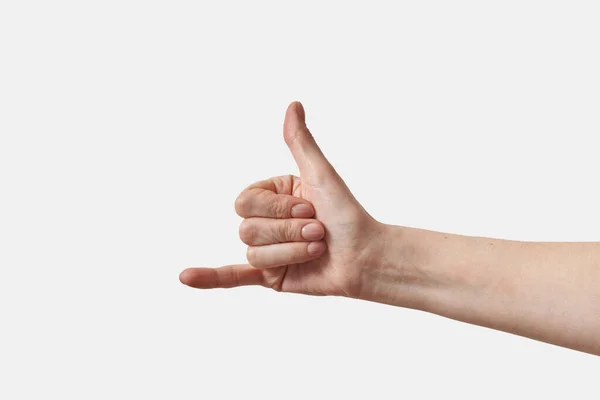 Vrouwelijke Handgebarentaal Met Teken Van Alfabet Symbool Telefoongesprek Alcoholgebaar Geïsoleerd — Stockfoto