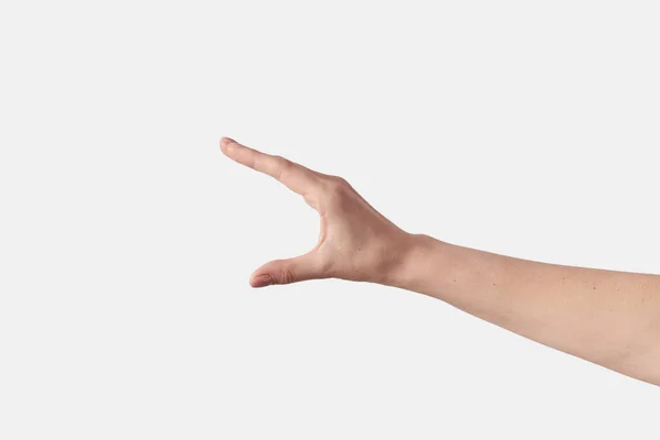 Wide Open Invisible Item Measuring Female Hand Gesturing Sign Isolated — Stock Photo, Image