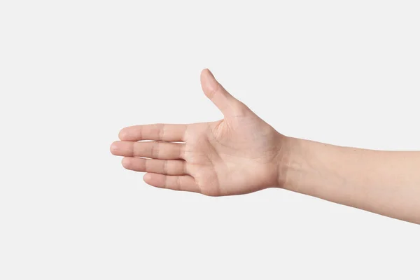 雌性宽开放的腕部 手伸出手来握手 大拇指向上 与白色背景隔离 — 图库照片