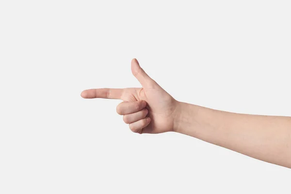 Frauenhand Zeigt Nach Rechts Mit Erhobenem Daumen Zeichensprache Buchstabe Fingeralphabet — Stockfoto