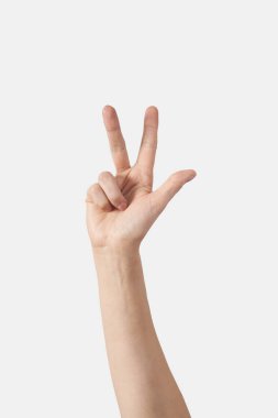 Kadın eli, parmak alfabesi dikey pozisyonda. Beyaz arka planda 3, 3, 3 parmak dikey izole..