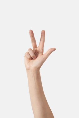 Kadın eli, parmak alfabesi dikey pozisyonda. Beyaz arka planda 3, 3, 3 parmak dikey izole..