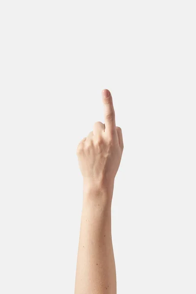 数字计数手指上 女性外手在垂直位置与1 D在手指字母表分离的白色背景 美国手语 计数手指概念 — 图库照片