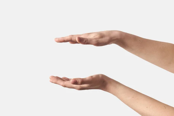 Ürün Yerleştirme Pozisyonu Için Orta Açık Kadın Elleri Beyaz Arka — Stok fotoğraf