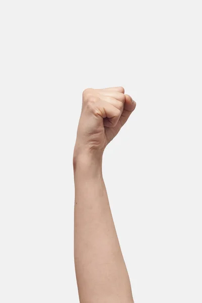 Female Aggressive Hand Showing Power Strength Clenched Fist Isolated White — Stock Photo, Image