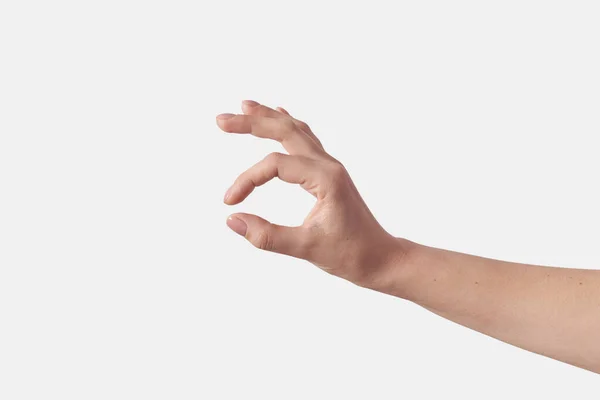Weibliche Hand Unsichtbares Objekt Das Gestikulierend Kleinen Umfang Misst Oder — Stockfoto