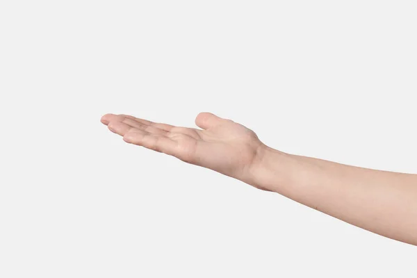 白い背景に隔離された完璧な肌の水平位置を持つ手のひらを請うか 手を伸ばす開いている女性 — ストック写真