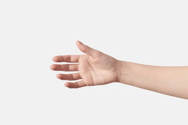 白い背景に隔離された握手や何かを取るために手を疲れ女性 — ストック写真