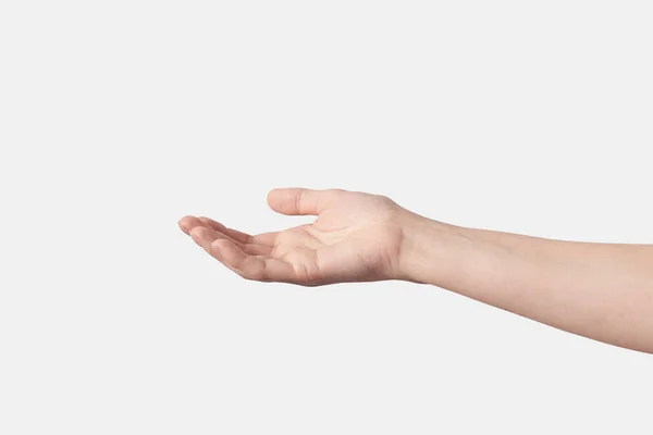 女性の手を手に手を差し伸べ 伸ばし 持ち上げ または物乞いをすると 白い背景が孤立したジェスチャーを示す 空の要求手上の白 — ストック写真