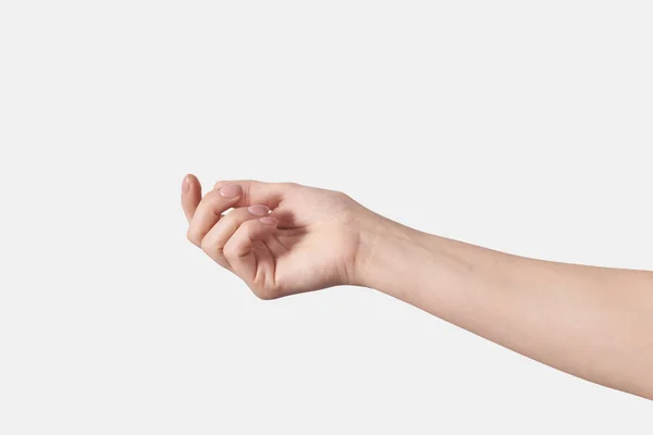 Vrouwelijke Hand Zachte Grijper Houd Gebaren Touch Actie Geïsoleerd Witte — Stockfoto