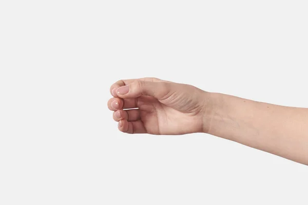 Kvinnlig Hand Gest Att Hålla Något Som Stick Isolerad Vit — Stockfoto