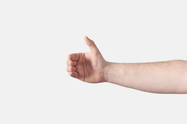 Mão Masculina Segurando Algo Como Uma Garrafa Pode Isolado Fundo — Fotografia de Stock