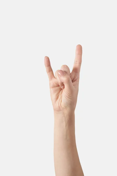 Kadın Eli Beyaz Arka Planda Kaya Işareti Gösteriyor Şaret Dili — Stok fotoğraf