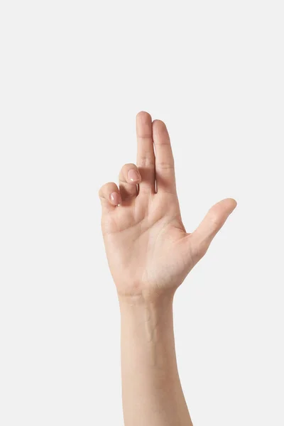 Λευκή Γυναίκα Χέρι Παλάμη Όπλο Έμβολο Χειρονομία Απομονωμένη Λευκό Φόντο — Φωτογραφία Αρχείου