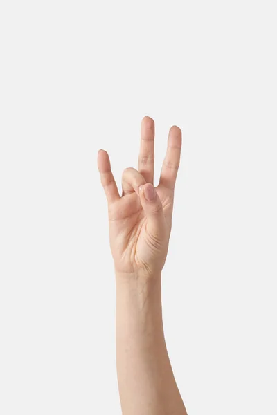 指の数 女性の手の垂直位置で7 7番目の指数の指のアルファベットの記号言語で白い背景に隔離された数 指の数え方の概念 — ストック写真