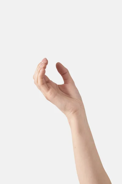 Vrouwelijke Hand Half Wijd Open Dicht Palm Gebaren Bedrijf Geïsoleerd — Stockfoto