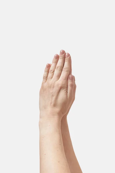 Gebetsgeste Frauenhände Zusammengelegt Gefaltet Isoliert Auf Weißem Hintergrund — Stockfoto