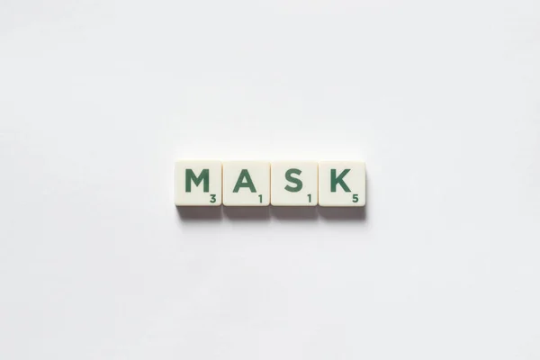 Mask Word Formed Scrabble Blocks White Background Disease Prevention Physical — Stockfoto