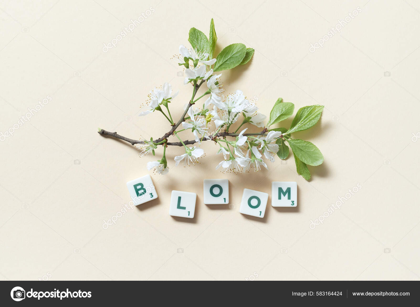 Bloom Word Formed Scrabble Tiles Delicate Spring Flower Beige