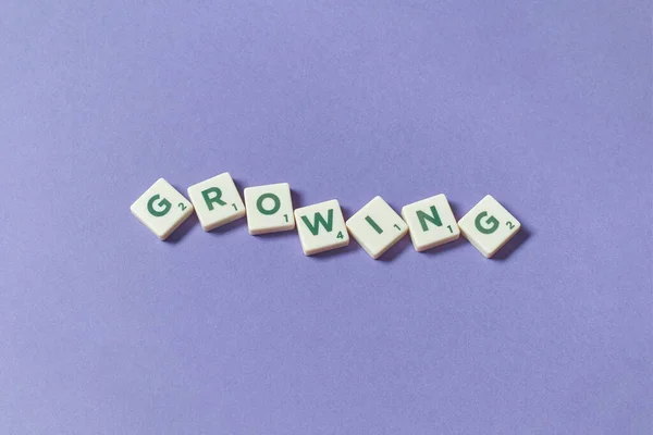 Growing Word Formed Scrabble Tiles Purple Background Creative Template Copy —  Fotos de Stock