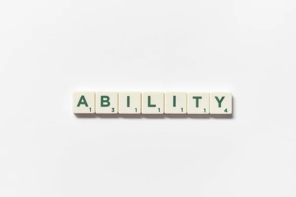 Ability Word Formed Scrabble Blocks White Background Simple Creative Backdrop — Foto de Stock