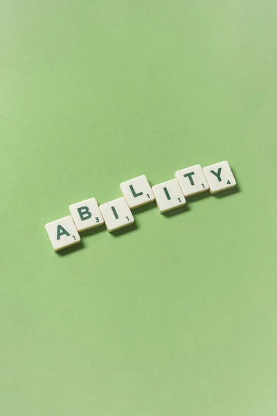 Ability Word Formed Scrabble Tiles Green Background Minimal Business Design — Foto de Stock