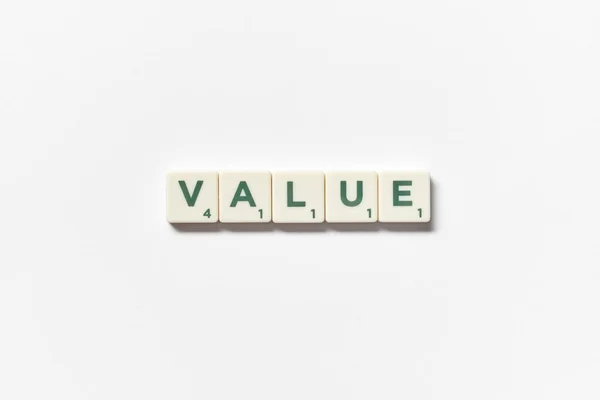 Value Word Formed Scrabble Tiles White Background Minimal Business Design — Fotografia de Stock