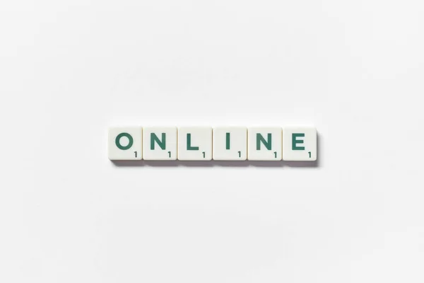 Online Word Formed Scrabble Tiles White Background Still Life Copy — Foto Stock