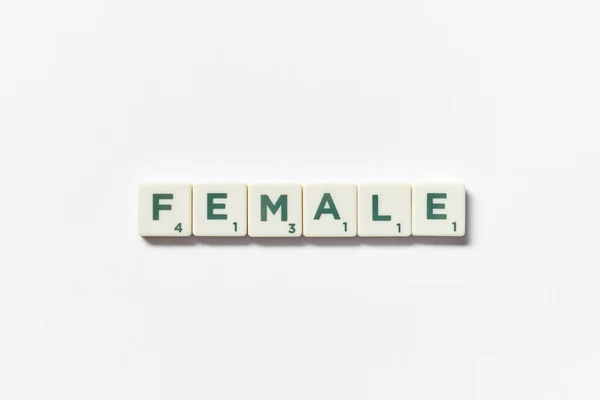 Female Word Formed Scrabble Elements White Background Creative Template Awareness — Stock Photo, Image