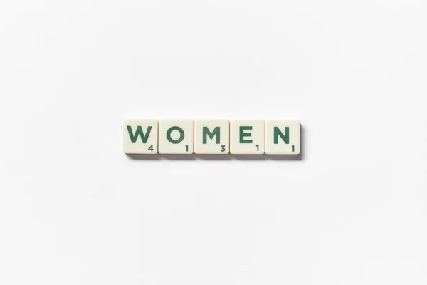 Women Word Formed Scrabble Blocks White Background Social Awareness Education — Stock Photo, Image