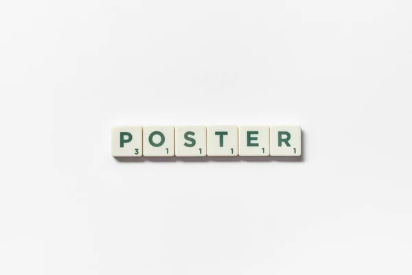 Poster Word Formed Scrabble Blocks White Background Creative Template Copy — Stockfoto