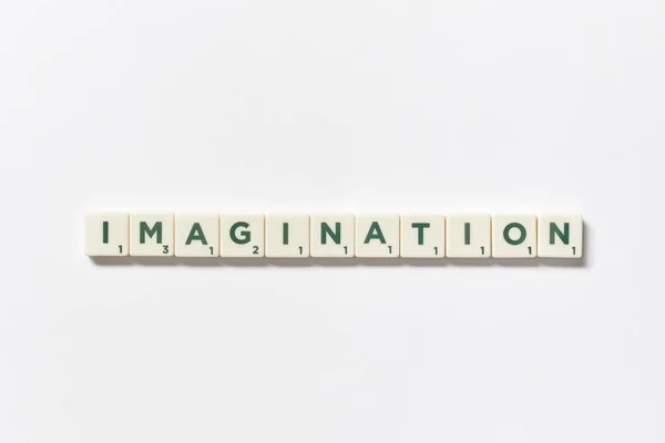 Imagination Word Formed Scrabble Blocks White Background Simple Design Place — Fotografia de Stock