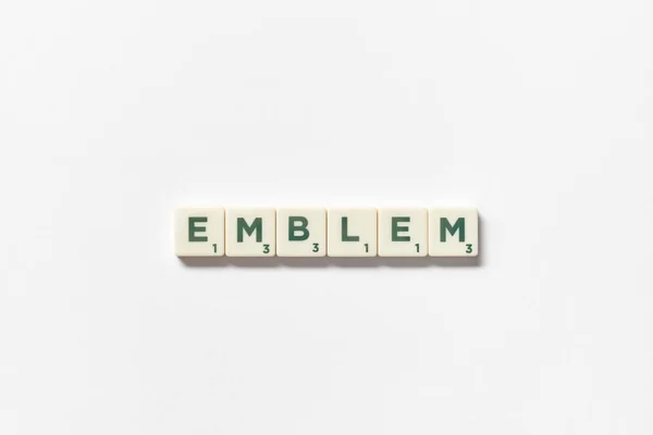 Emblem Word Formed Scrabble Tiles White Background Creative Template Copy — Stock Photo, Image