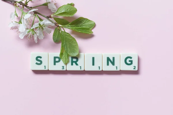 Spring Word Formed Scrabble Tiles Fresh Tree Blossom Pink Background —  Fotos de Stock