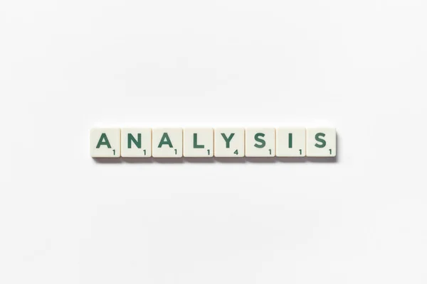 Analysis Word Formed Scrabble Tiles White Background Simple Creative Backdrop — Stock Photo, Image