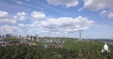 Panoramic video from the drone to the Ukraine Hryshko National Botanical Garden near monumental sculpture Motherland in Kiev on the right bank of the Dnieper