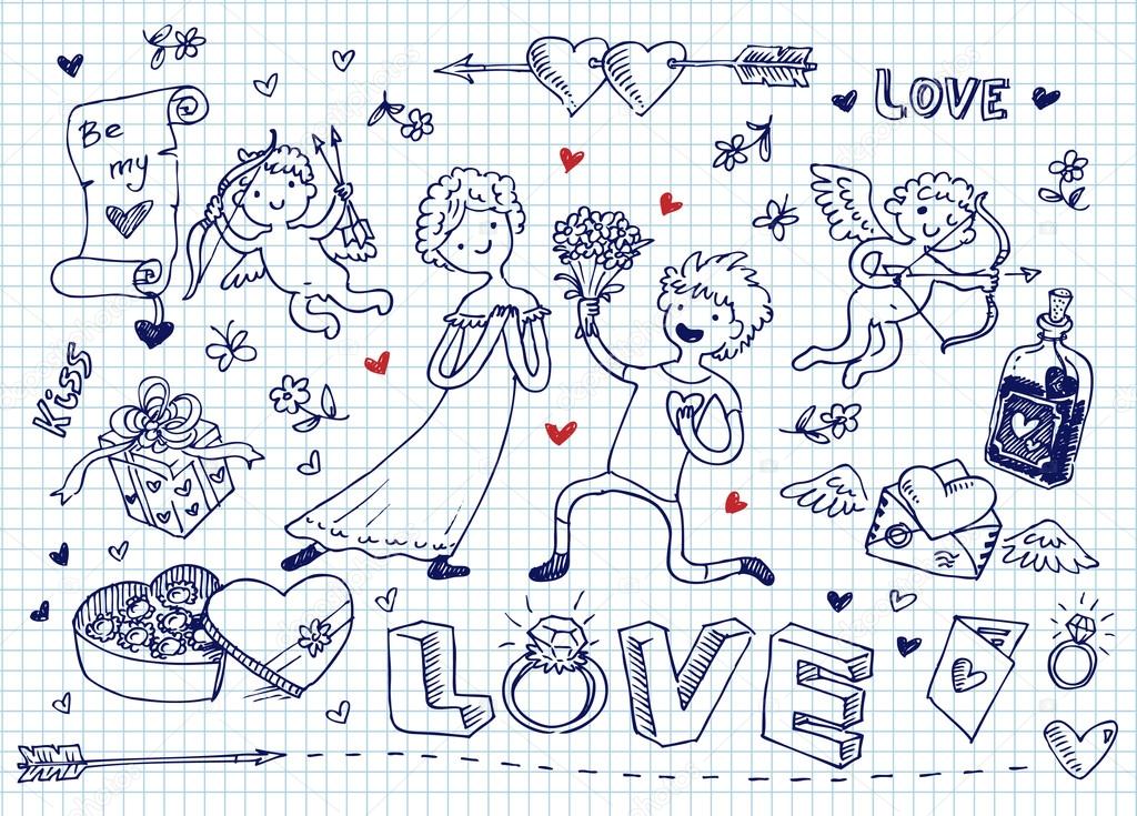 St Valentine Day doodles set