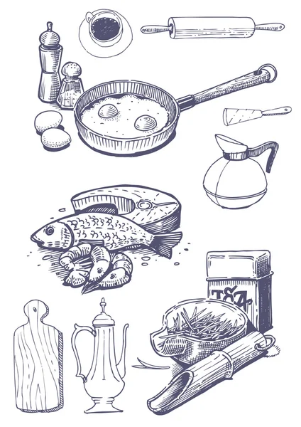 Alimentos y utensilios de cocina — Vector de stock