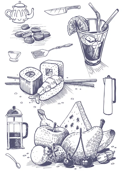 Food and kitchen utensils — Stock Vector